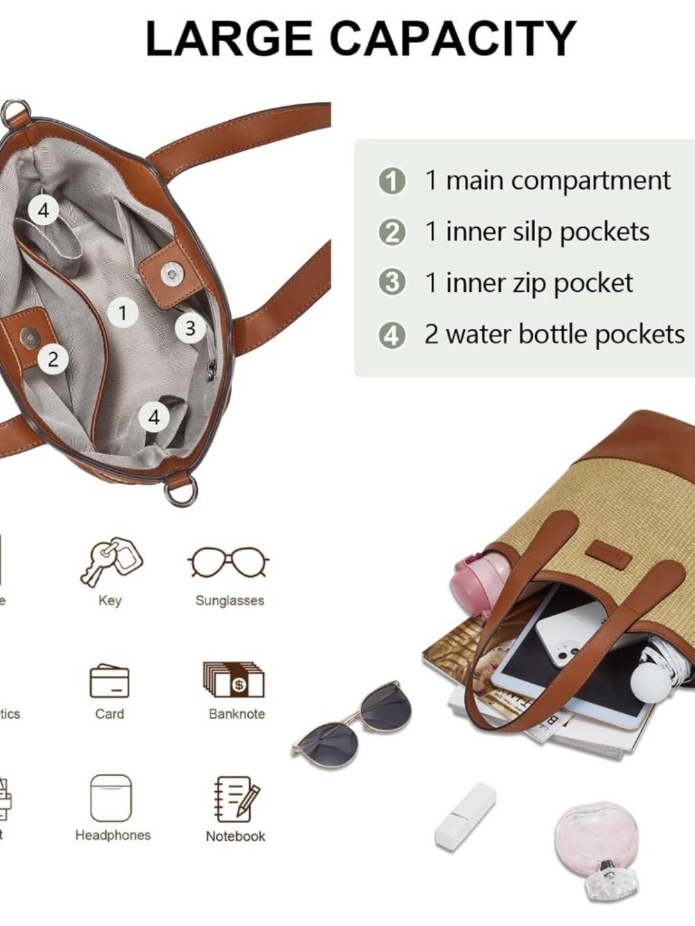 Tote Bag for Women,Straw&Vegan Leather Bucket Bags Crossbody Top Handle Purses A - Picture 4 of 9